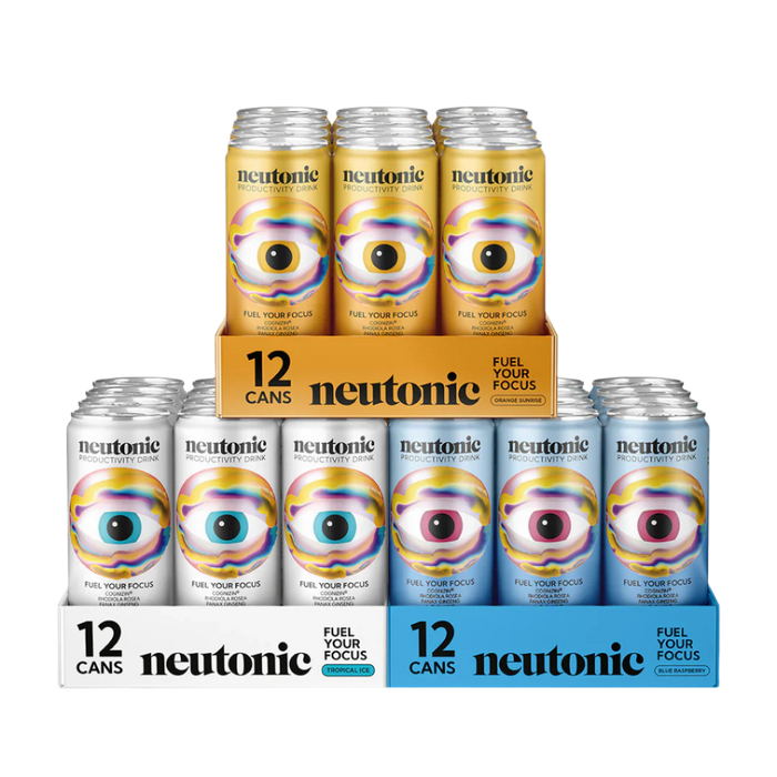Neutonic energy drink cans in a 124-pack with colorful eye design