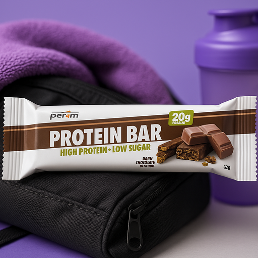 PER4M Protein Bar on gym bag with purple towel and shaker ā On-the-Go Fuel lifestyle image for MySupplementShop ecommerce listing.