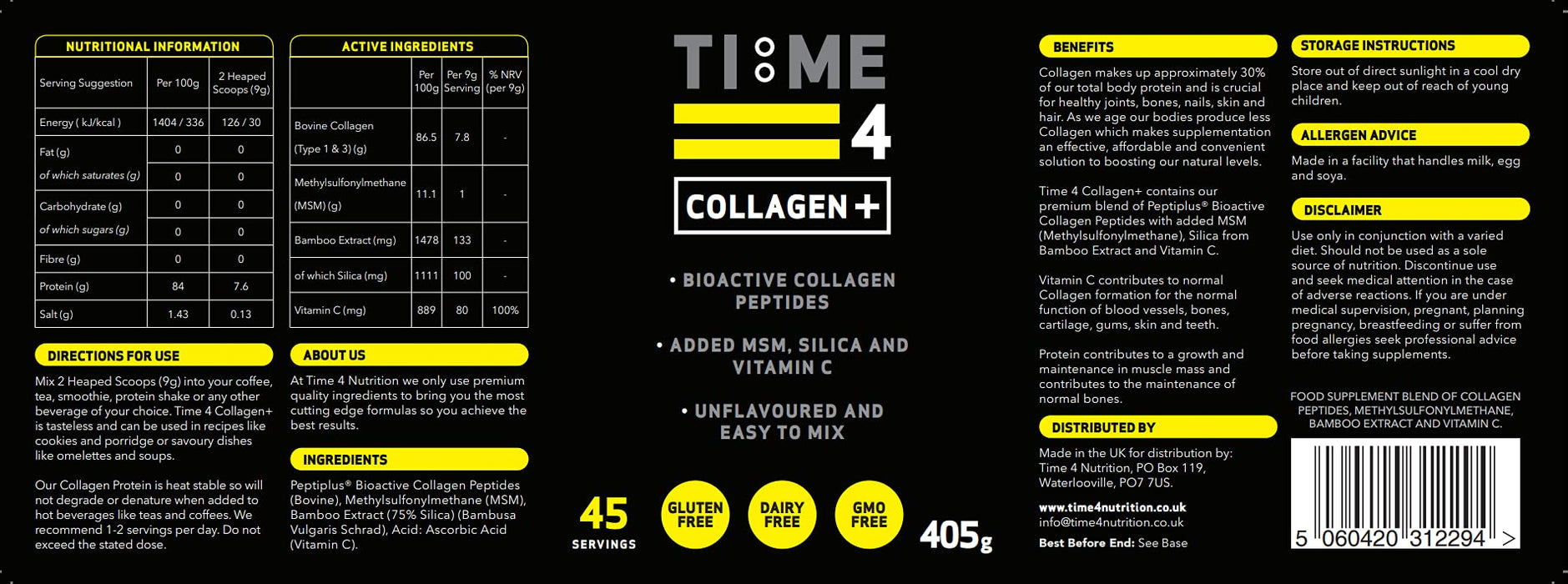 Time 4 Nutrition Time 4 Collagen+ 405g Best Value Nutritional Supplement at MYSUPPLEMENTSHOP.co.uk