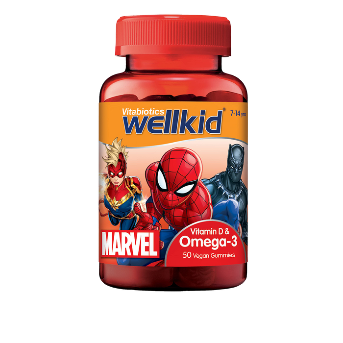 Vitabiotics WellKid Vitamin D & Omega 3 Vegan Soft Jellies 7-14 Yrs Marvel Pack x 50