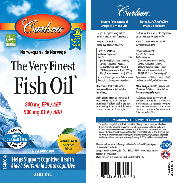 Carlson Labs The Very Finest Fish Oil, Natural Lemon - 200 ml. | High-Quality Fish Oils | MySupplementShop.co.uk