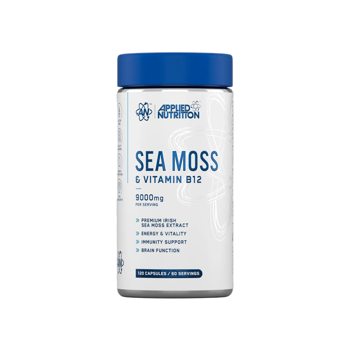 Supplement bottle labeled 'Sea Moss & Vitamin B12' by Applied Nutrition on a white background
