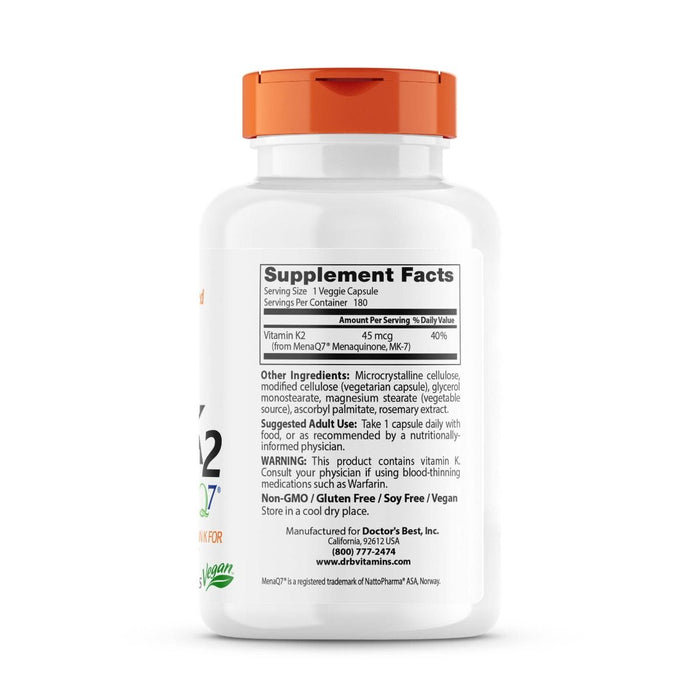 Doctor's Best Natural Vitamin K2 MK-7 with MenaQ7 45 mcg 180 Veggie Capsules - Vitamins & Minerals at MySupplementShop by Doctor's Best