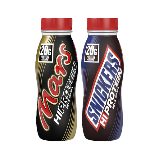 Two bottles of Mars and Snickers Hi Protein Milk Drinks on a white background