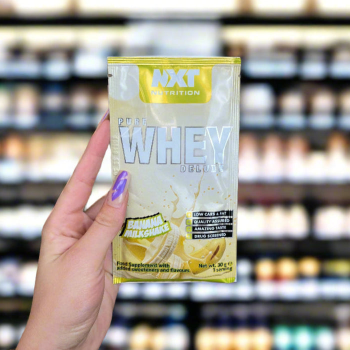 NXT Pure Whey Deluxe - Single Serving 30g Sachet Banana Milkshake Flavour at MYSUPPLEMENTSHOP