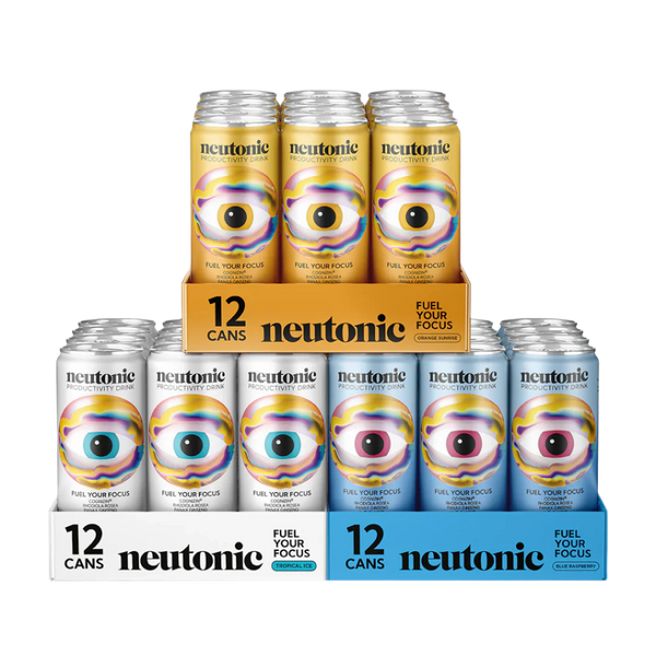 Neutonic energy drink cans in a 124-pack with colorful eye design 