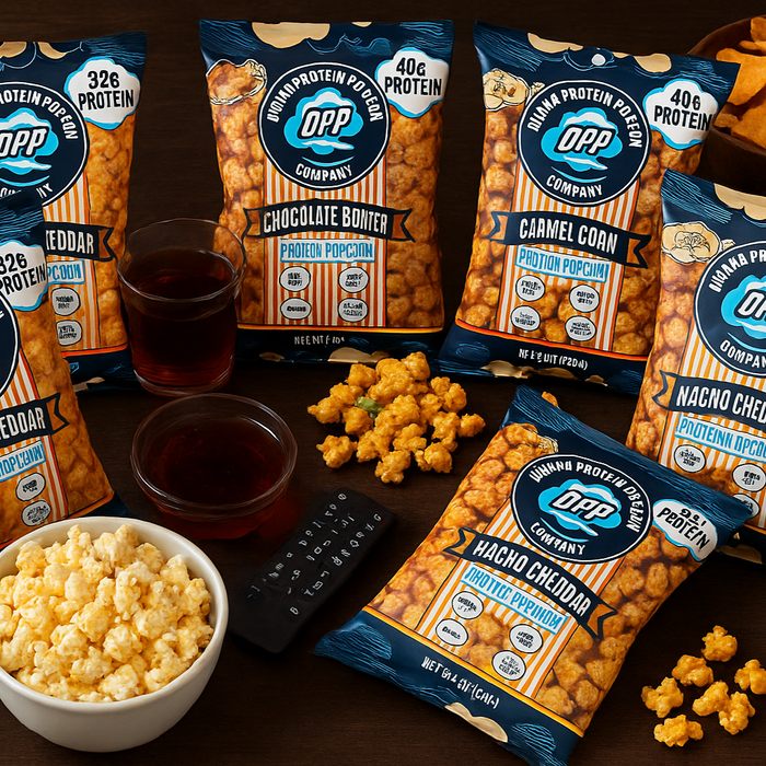 A cozy living room setup: sofa, blanket, TV remote, and a coffee table spread with all the flavours in bowls and bags, surrounded by hands reaching in for popcorn. Maybe a classic movie playing on the screen in the background.