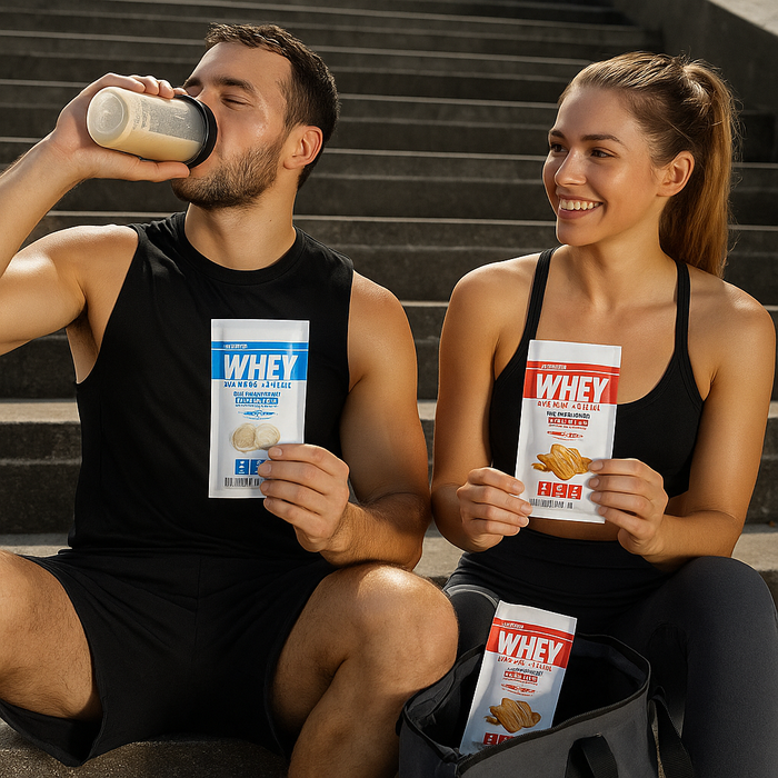 Active couple enjoying PER4M Advanced Whey Protein sachets post-workout, highlighting convenience, great taste and portability for on-the-go fitness fuel