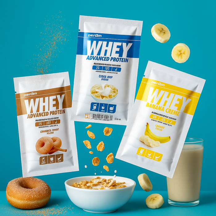 A bold and playful lifestyle image of PER4M Whey Protein sachets from the Breakfast Club Bundle, floating mid-air above a bowl of cereal and surrounded by real breakfast items like banana slices and a cinnamon donut — the perfect visual blend of fun and fuel to kickstart your day.