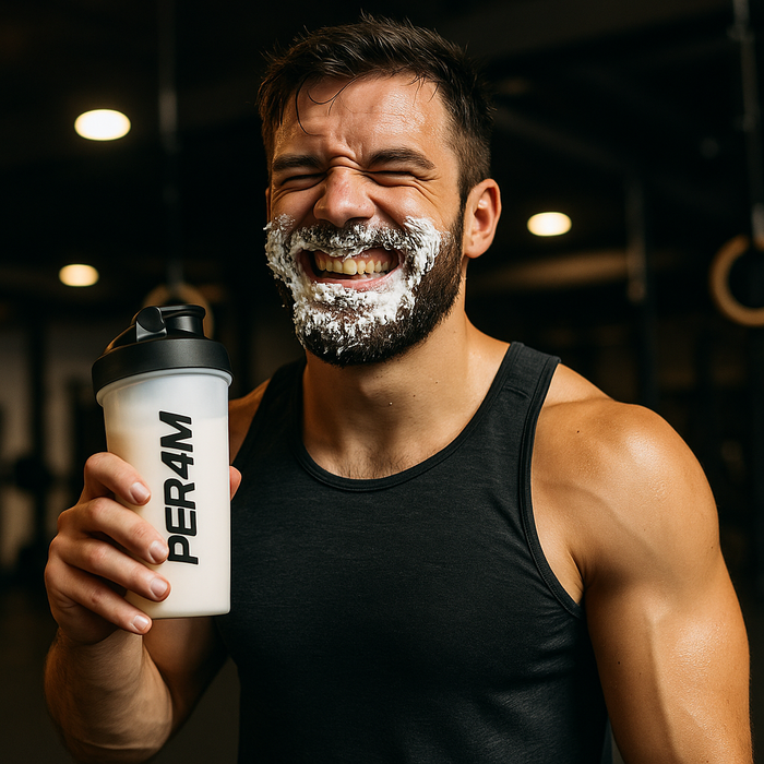 Gym-goer with frosting on his face laughs mid-workout while holding a PER4M shaker — the ultimate blend of serious gains and cake cravings in one hilarious shot.