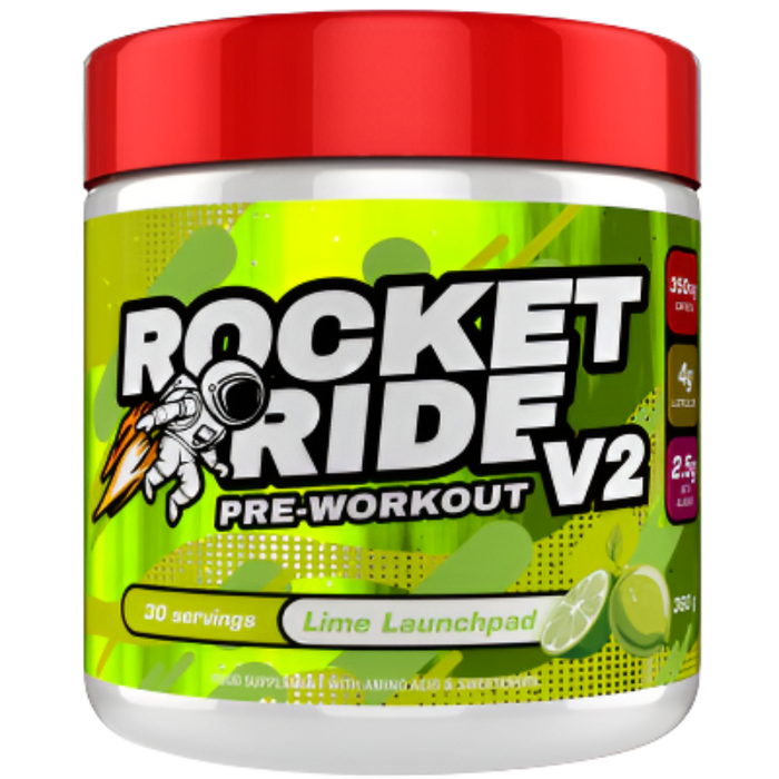Pre-workout supplement container labeled 'Rocket Ride V2' on a white background