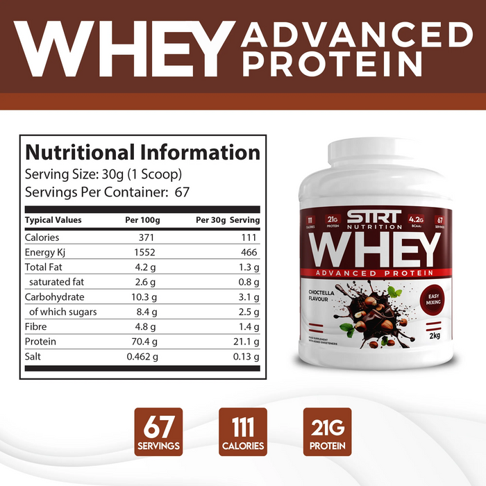 STRT Nutrition Whey Protein 2kg – 21g Protein, 67 Servings, Multiple Flavours