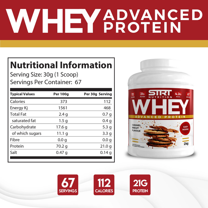 STRT Nutrition Whey Protein 2kg – 21g Protein, 67 Servings, Multiple Flavours