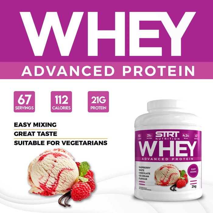 STRT Nutrition Whey Protein 2kg – 21g Protein, 67 Servings, Multiple Flavours