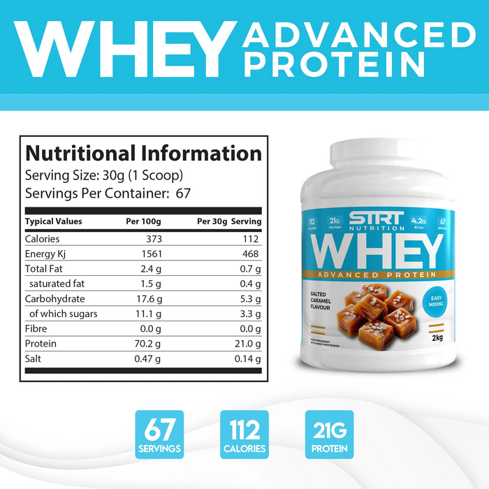 STRT Nutrition Whey Protein 2kg – 21g Protein, 67 Servings, Multiple Flavours
