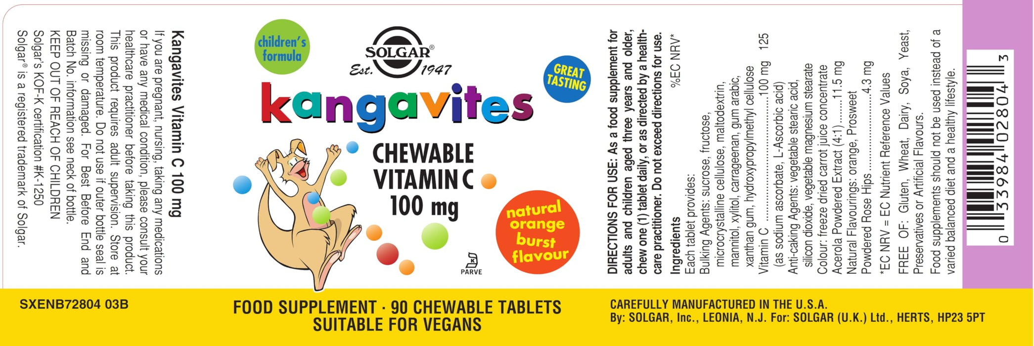 Solgar Kangavites Chewable Vitamin C 100 mg (Orange Burst) 90 Chewable Tablets