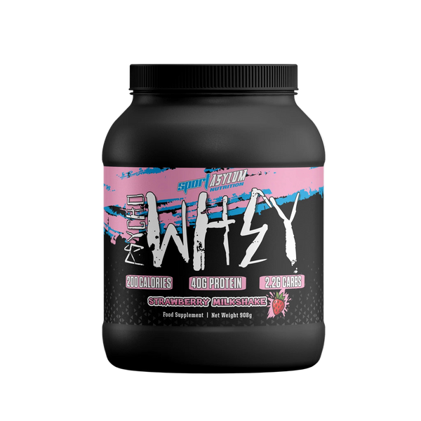 Black supplement container with pink and white label on a white background