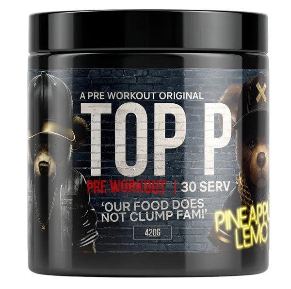 Pre-workout supplement container with branding and product details on a white background