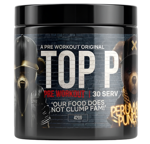 Pre-workout supplement container with 'TOP P' branding on a white background
