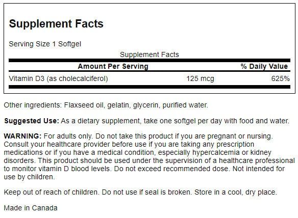 Swanson Vitamin D3 Highest Potency 5,000 IU (125 mcg) 250 Softgels at MySupplementShop.co.uk