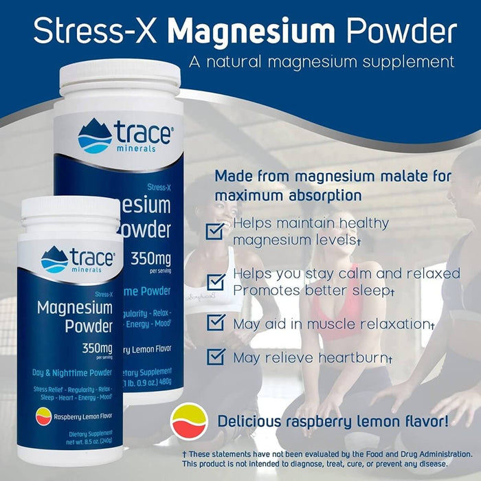 Trace Minerals Stress-X Magnesium Powder 350mg Raspberry-Lemon Flavour 480g | Premium Supplements at MYSUPPLEMENTSHOP