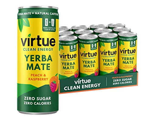 Virtue Yerba Mate - Natural Energy Drink - Sugar Free Zero Calories Vegan Keto Friendly Gluten Free (Peach & Raspberry 12 x 250ml) | High-Quality Energy Drinks | MySupplementShop.co.uk