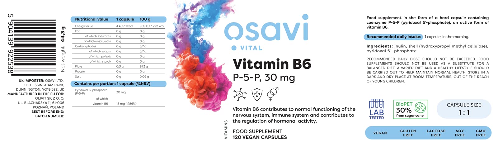 Osavi Vitamin B6 - P-5-P, 30 mg - 120 vegan caps - Vitamin B6 at MySupplementShop by Osavi