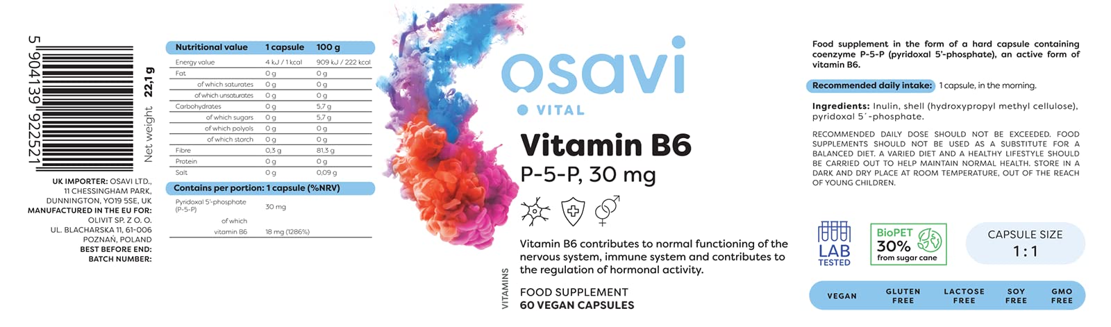 Osavi Vitamin B6 - P-5-P, 30 mg - 60 vegan caps | High-Quality Vitamin B6 | MySupplementShop.co.uk