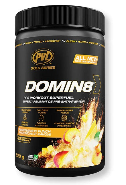 PVL Essentials Gold Series Domin8, Peach Mango Punch - 520g | High-Quality Energy Drinks | MySupplementShop.co.uk