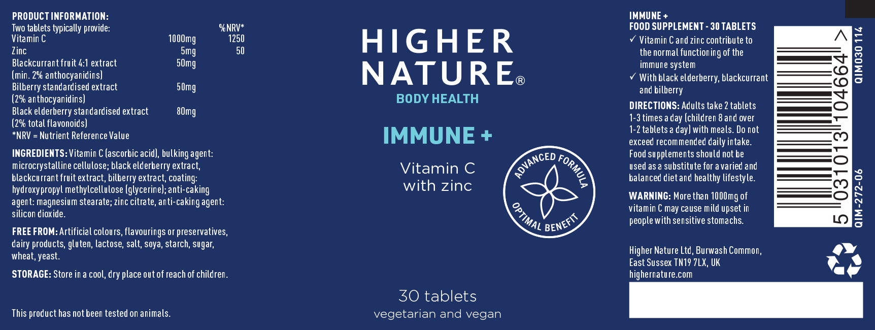 Higher Nature Immune + 90 Tablets Immune system support with vitamin C and zinc | High-Quality Personal Care | MySupplementShop.co.uk